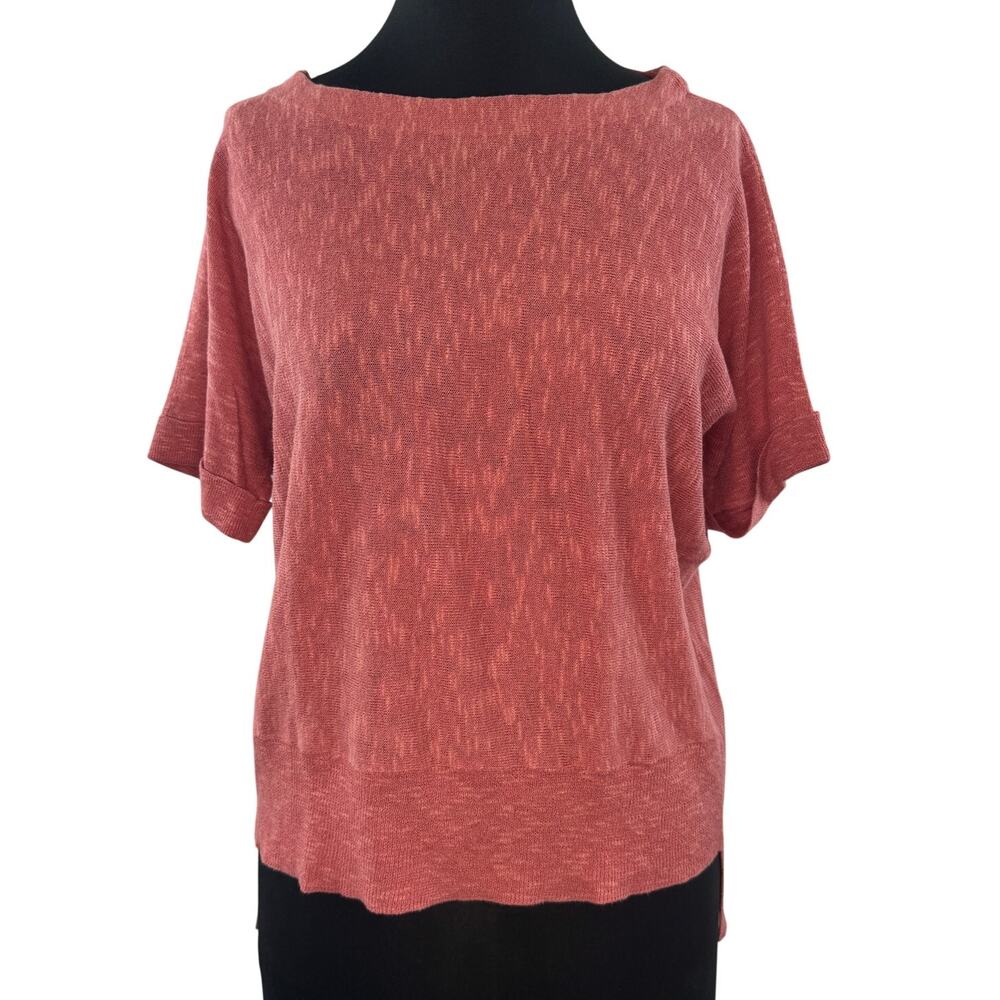 EILEEN FISHER Pink Marbled Top Linen High Low Boat Short Sleeve Pullover Size PS